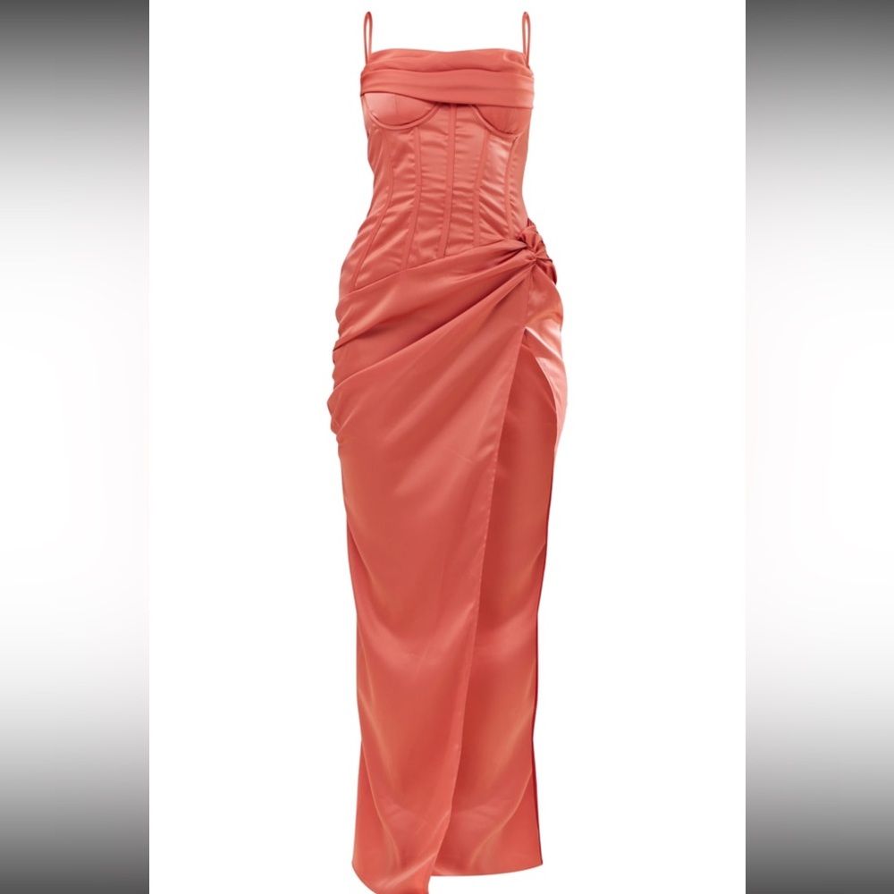 Coral Draped Corset Ruffle Gathered Dress